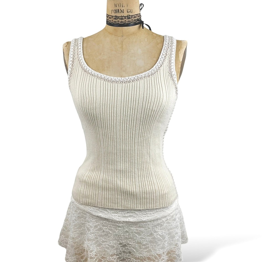 Coquette Womens M Ribbed Crochet Trim Tank Top Unsubscribed Cream Indie Sleaze